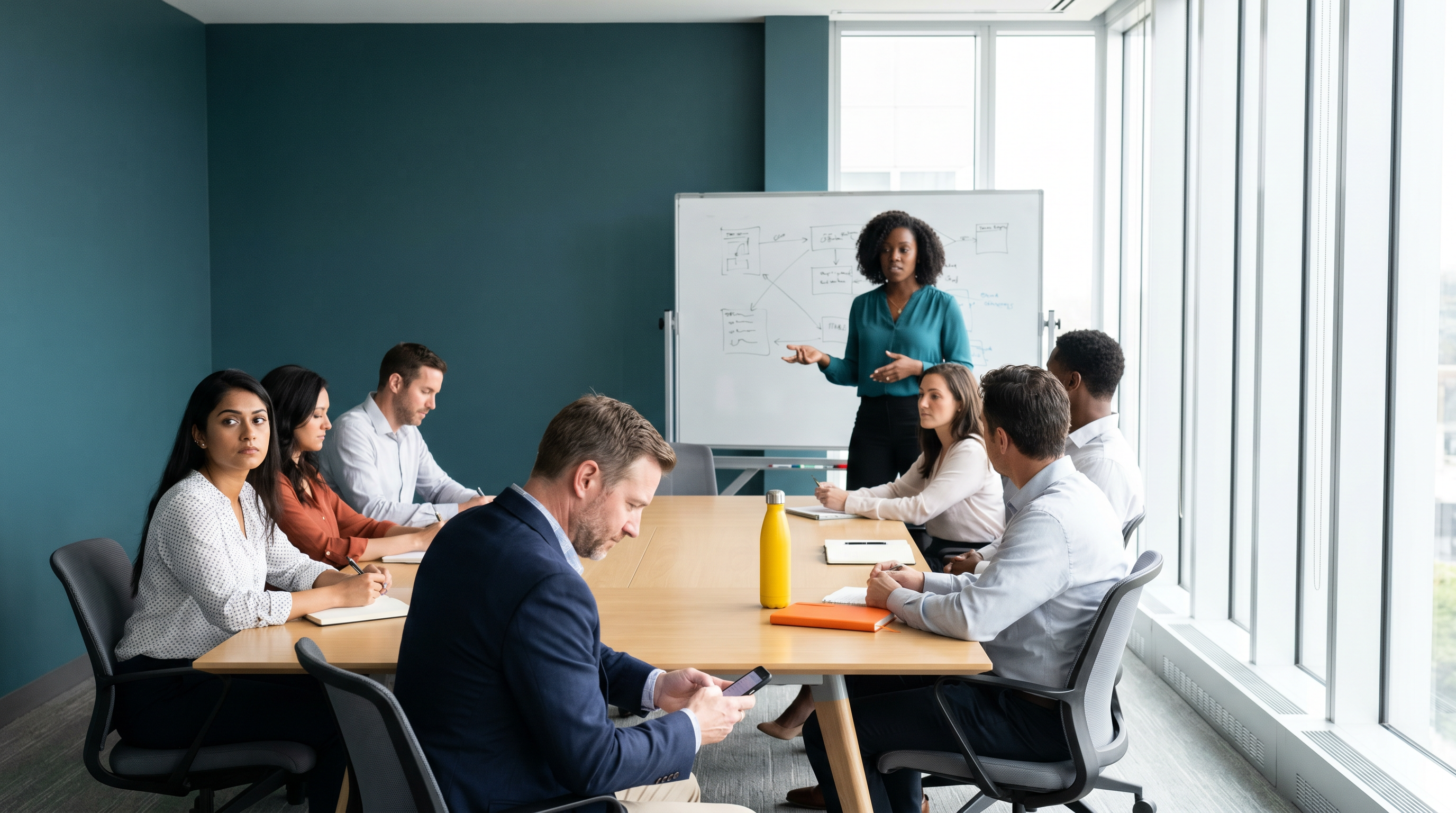 Meeting participant distracted by a phone beneath the table during an ineffective meeting start