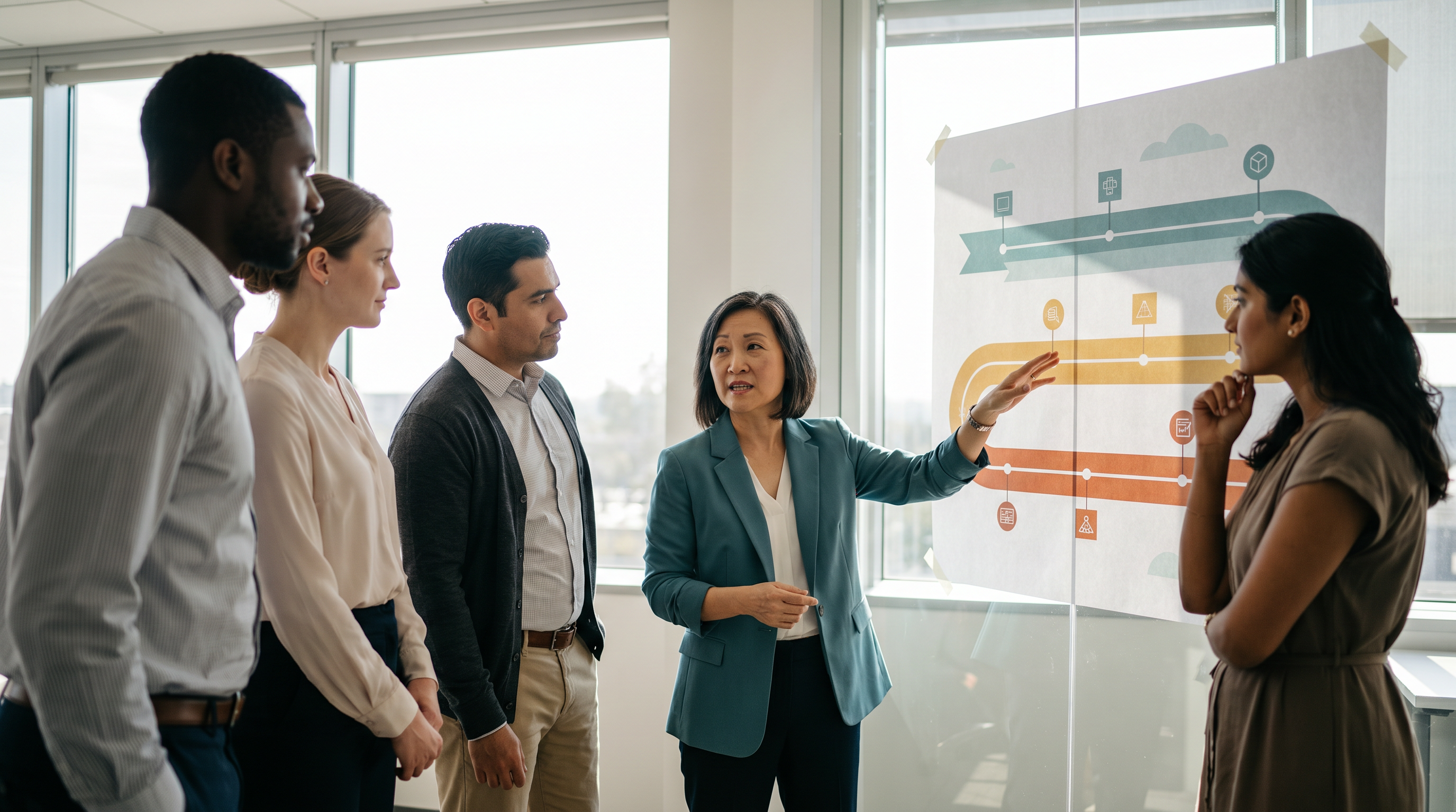 A facilitator reviews a completed strategic roadmap with the leadership team
