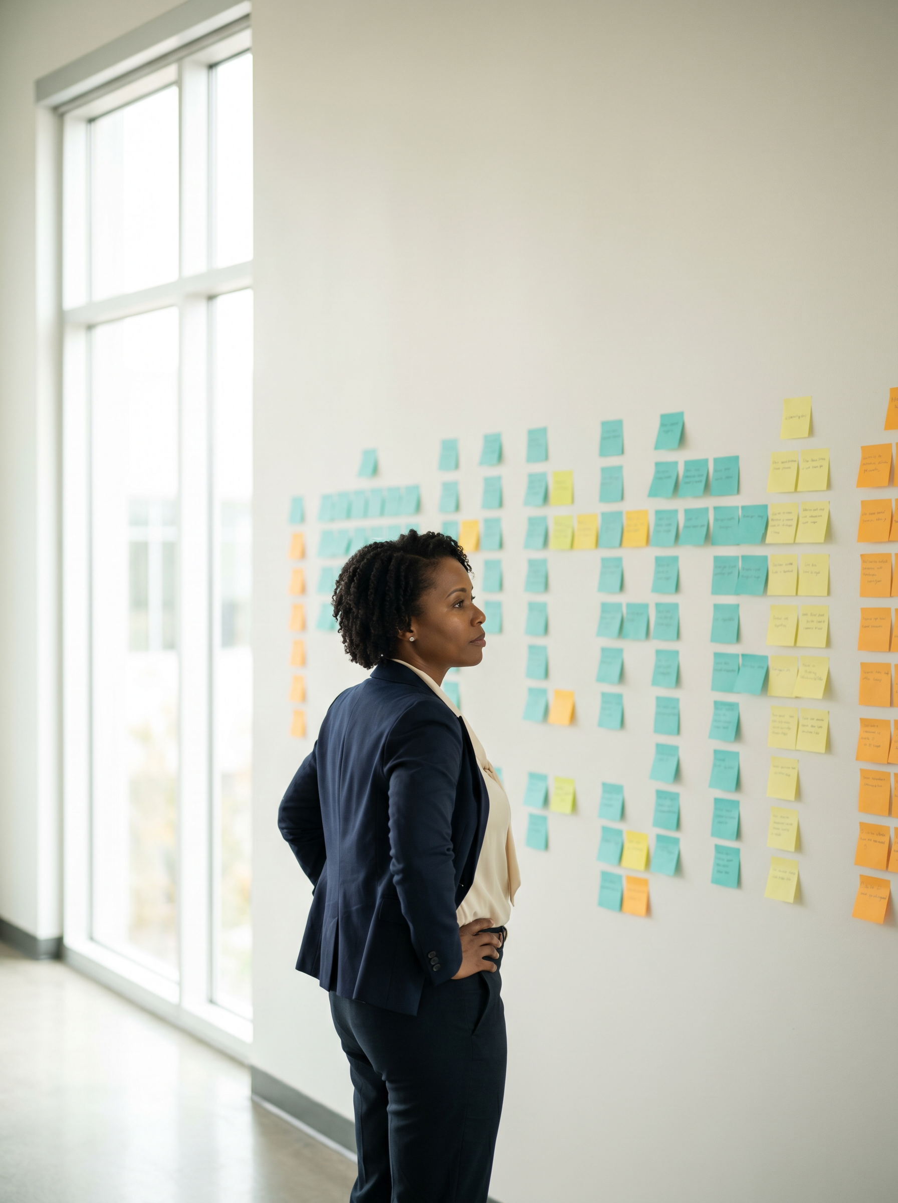 A leader steps back to review a wall-sized strategy map organized by priority