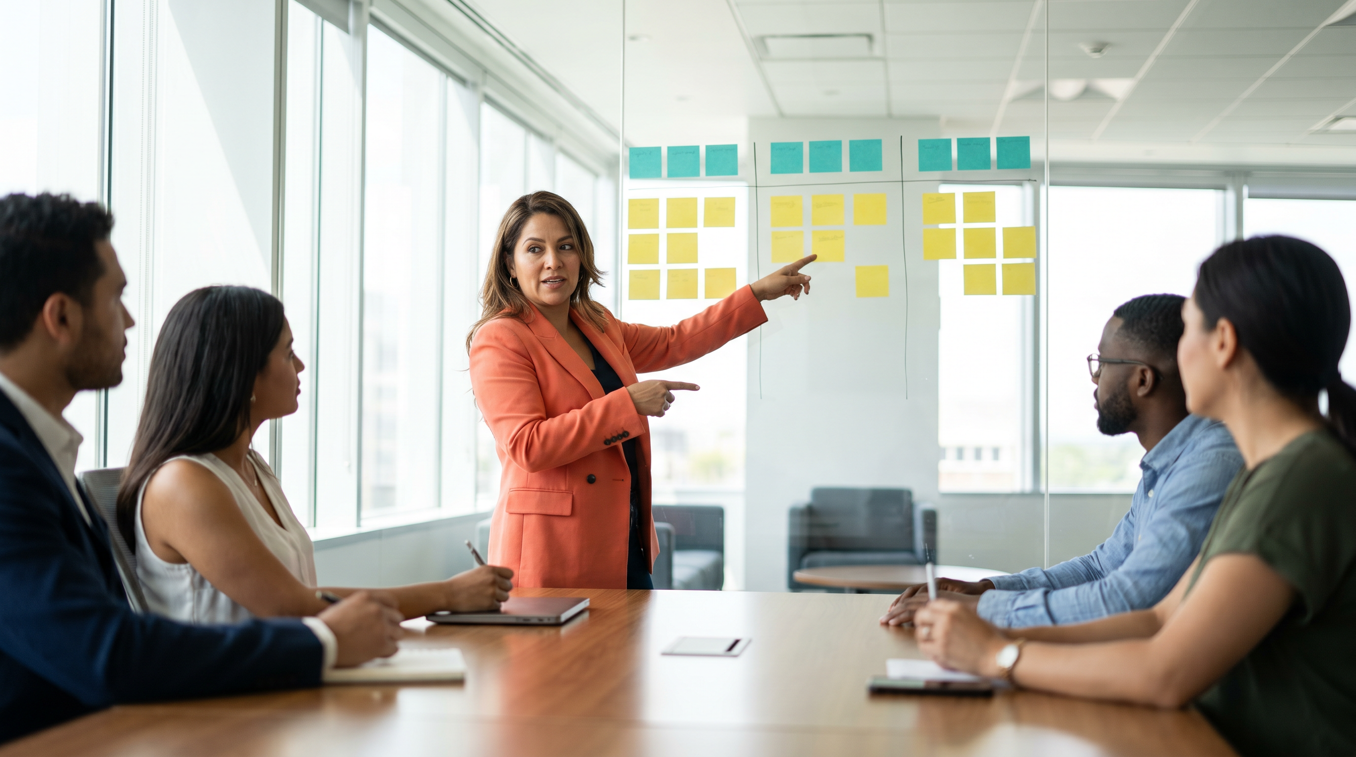 Strategic planning facilitation session: a facilitator leads a leadership team through strategy prioritization on a glass wall of sticky notes