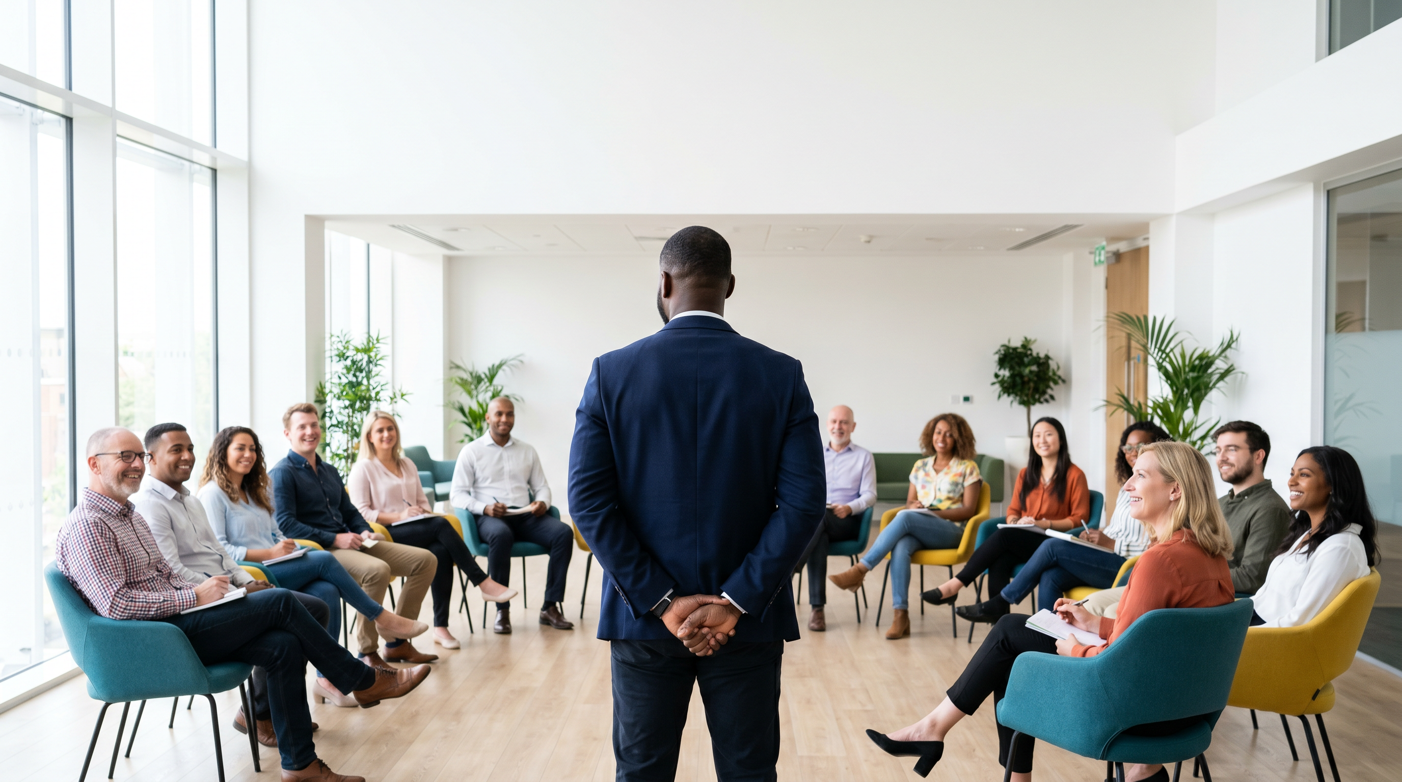 Large group of employees engaged during a facilitated strategy session, viewed from the audience