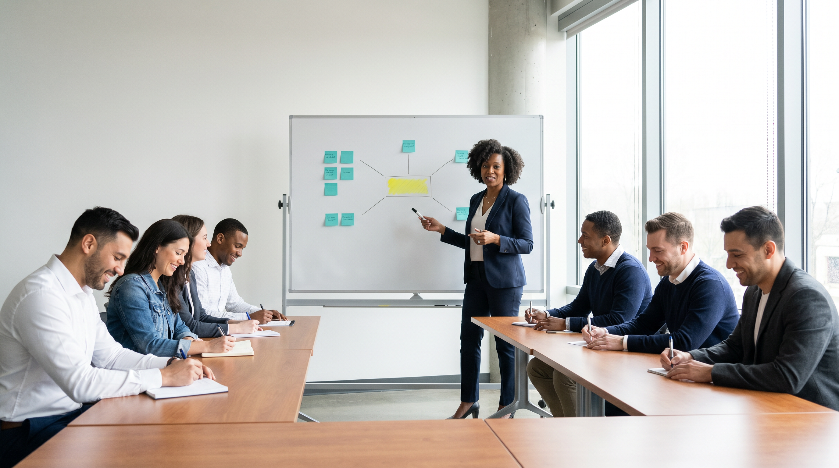 Professional facilitator leading a meeting at a whiteboard